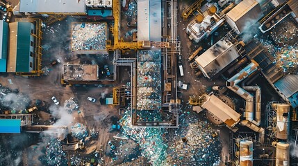 Aerial View of Industrial Recycling Facility Surrounded by Waste and Machinery Operations