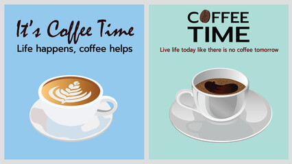 A stylish and modern coffee themed poster featuring two elegant coffee cup illustrations,one with a latte art design and another with a classic espresso.The pastel color palette adds a soothing touch.