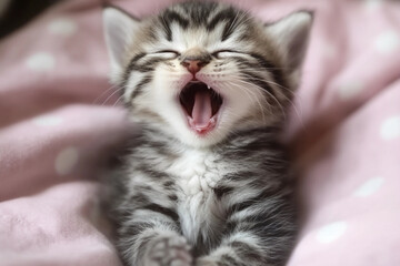 Title: Tiny cute kitten yawning, adorable fluffy cat stretching with closed eyes, relaxed feline expression, small pet yawning with furry paws, sleepy cat behavior