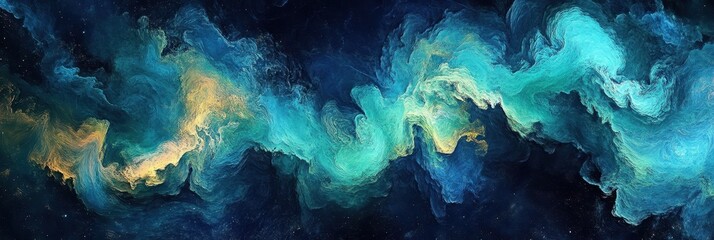 A Stunning Abstract Cosmic Nebula Image Showcases Swirling Teal Green And Gold Hues Against A Deep Blue Starry Night Sky Background The Dynamic