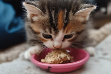 Tiny kitten eating food in a cute and playful manner, close-up shot of adorable baby cat enjoying meal, perfect for pet lovers, food enthusiasts, and kitten photography
