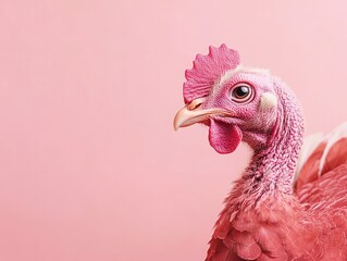 Striking portrait of a naked neck chicken on soft pink background, showcasing its unique features and vibrant color palette in close up