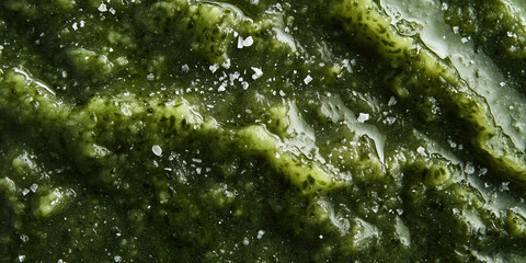 A rich, textured pesto sauce, macro shot, close-up texture, top view
