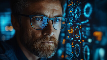 Focused Analysis: An Intent and professional man with glasses intently studies a digital interface filled with complex data, illuminated by cool, futuristic lighting.