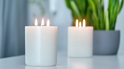 Three white candles on a table, plants in background.  Possible use Interior design, relaxation