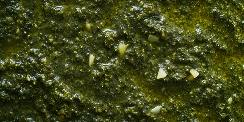 A rich, textured pesto sauce, macro shot, close-up texture, top view