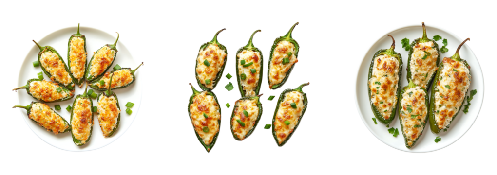 Set of jalapeno poppers stuffed with cream cheese isolated on transparent background, in PNG format, cut out