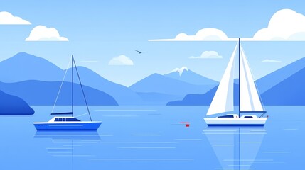 Pixelated Serenity Two Boats Sailing Across Calm Waters Simple Vector Illustration Under Pastel Sky Minimalist Low Resolution Style