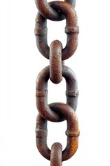 Fototapeta premium Close up of weathered rusty chain links against white backdrop conveying strength and resilience industrial concept metalwork detail aged texture studio shot