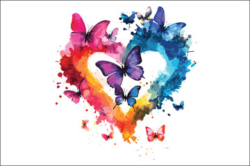 Naklejka premium Whimsical Watercolor Butterflies and Heart Shapes Artwork
