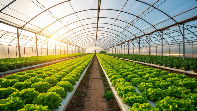  Greenhouse with Rows of Lettuce