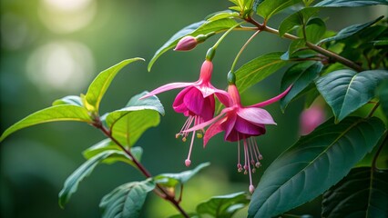 Fuchsia Delights: Two vibrant fuchsia flowers, a rich pink with delicate petals, hang gracefully from their stems, surrounded by lush green foliage.  The soft sunlight filters through the leaves.