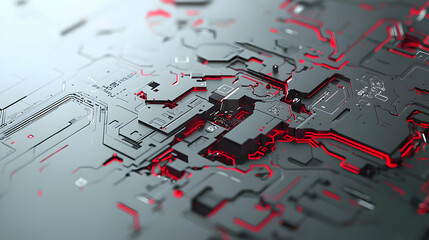 Abstract Digital Circuit Board Design Displaying Technological Innovation in Red and Gray Tones
