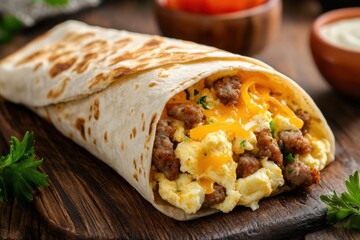 Delicious breakfast burrito filled with scrambled egg sausage and cheddar cheese on rustic wood surface