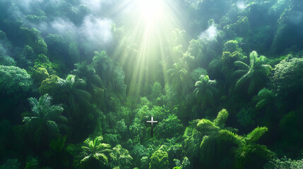 Obraz premium Cross in lush jungle, sunlight