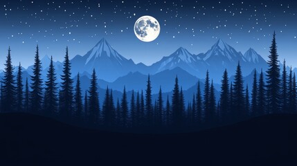 Fototapeta premium Pixelated moonlit wilderness scape with mountain vista a peaceful night sky and coniferous forest in a retro 8 bit video game style