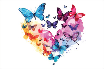 Whimsical Watercolor Butterflies and Heart Shapes Artwork