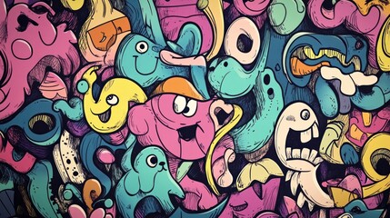 Cartoon characters crowd together in a vibrant, colorful doodle drawing over dark paper background