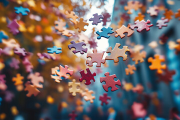 Colorful Puzzle Pieces Floating in the Air, Symbolizing Innovation and Creativity for an Advertising Campaign with Blurred Background Focused on the Puzzle Elements