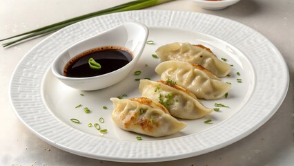 Steamed Dumplings with Soy Sauce on White Plate, Asian Cuisine