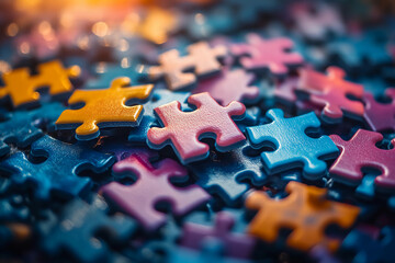 Colorful Puzzle Pieces Floating in the Air, Symbolizing Innovation and Creativity for an Advertising Campaign with Blurred Background Focused on the Puzzle Elements