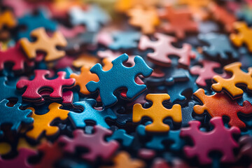 Colorful Puzzle Pieces Floating in the Air, Symbolizing Innovation and Creativity for an Advertising Campaign with Blurred Background Focused on the Puzzle Elements