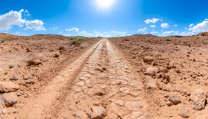 Desert road, sunny day, rocky landscape