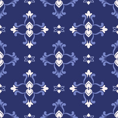 Damask seamless pattern with decorative ornament. Blue and white background. Idea for wallpaper, carpets, curtains, rugs, pottery, and tiles.
