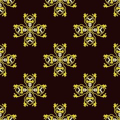 Gold and black floral damask seamless vector pattern with decorative ornament. Vector illustration. Idea for wallpaper, carpets, curtains, rugs, pottery, and tiles.