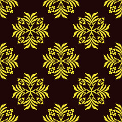 Gold and black floral damask seamless vector pattern with decorative ornament. Vector illustration. Idea for wallpaper, carpets, curtains, rugs, pottery, and tiles.