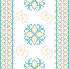 Green floral damask seamless vector pattern with decorative ornament. Vector illustration. Idea for wallpaper, carpets, curtains, elaborate borders, pottery, and tiles.