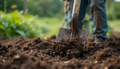 Close-Up of a Farmer Stirring Organic Compost with a Shovel