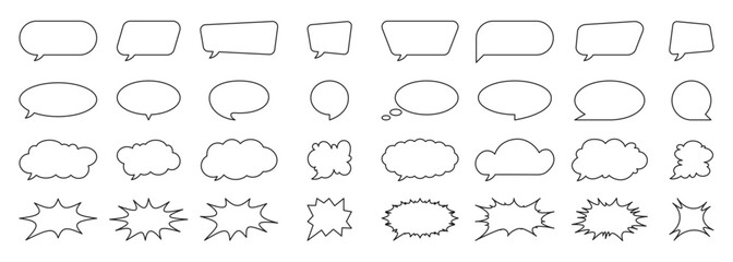 Fototapeta premium Collection of speech bubbles, text boxes, comic frames, cloud icons, stickers, and communication symbols. Includes explosion effects, splash shapes, and social media chat balloons in a playful doodle