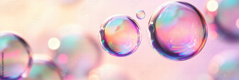 Poster Colorful soap bubbles create a vibrant repeating pattern in a soft pastel background for a whimsical atmosphere. Generative AI
