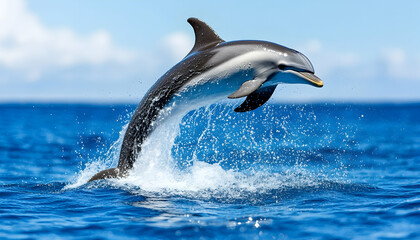 Fototapeta premium Dolphin leaping ocean blue sky