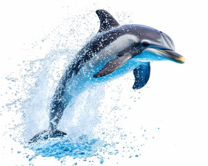 Dolphin leaping, ocean splash, white background (1)