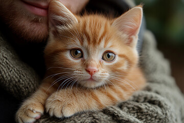 Naklejka premium Man holding a cute ginger kitten in his arms, photo studio background with copy space for text, warm and cozy atmosphere, pet and human interaction, adorable cat