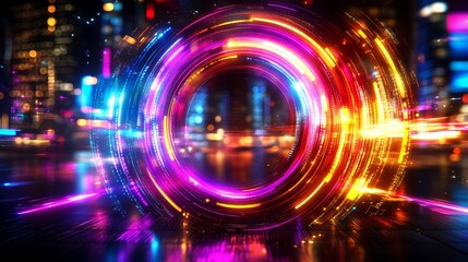 Futuristic city portal glowing neon light trails mesmerizing urban night scene abstract digital technology teleportation background concept