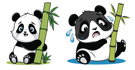 Juxtaposition in Black and White: Exploring the Emotional Divide Between Two Panda Bears and Their Shared Bamboo.