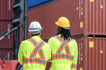 Engineer man Team in Safety Gear Planning and Control Containers Box at Industrial Site, Back View of Container Yard Workers Team Discussion in Shipping Yard