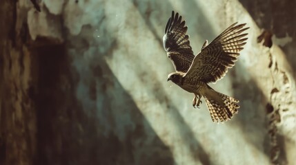 Fototapeta premium A brown feathered bird in flight with outstretched wings