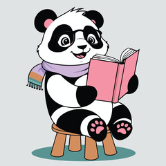 A Digitally Rendered Panda Character Reading a Pink Book, Wearing Glasses and a Scarf, Seated on a Small Wooden Stool Against a Light Gray Background.   © SHEKMDABDUL