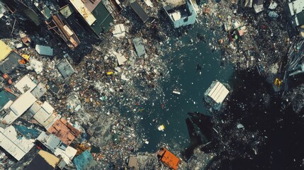 Aerial view shows widespread pollution and contaminated environment near dwellings