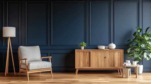 Elegant light-wooden sideboard flanked by a plush, gray upholstered chair; intimate close-up highlights smooth textures and classic design