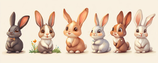 Obraz premium Cute cartoon bunnies in various colors and poses, showcasing their playful nature and charm