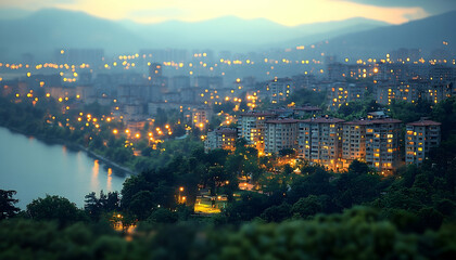 Naklejka premium Nighttime cityscape view along a river, showcasing illuminated buildings and serene nature backdrop