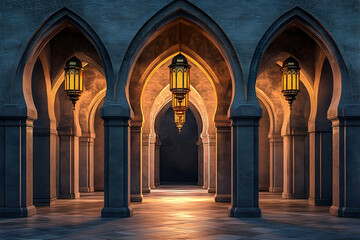 Obraz premium Serene architectural corridor with glowing lanterns, showcasing intricate arches and soft lighting