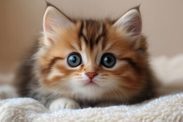 Obraz premium Adorable Kitten with Big Eyes Sitting on White Blanket in a Warm and Cozy Setting, Looking Directly at the Camera with a Soft, Inviting Background