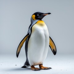 Obraz premium professionally lit photograph of a majestic Emperor Penguin standing upright in a stark, pure white isolation, showcasing its distinctive yellow patches on its chest, white belly, and sleek black bac
