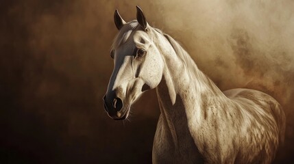 Naklejka premium Majestic horse turning head in dust cloud against dark backdrop. Powerful equine portrait